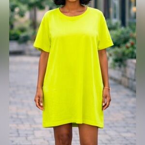 New York & Company Neon Yellow Oversized Shirt Dress| Short Sleeve Relaxed Fit